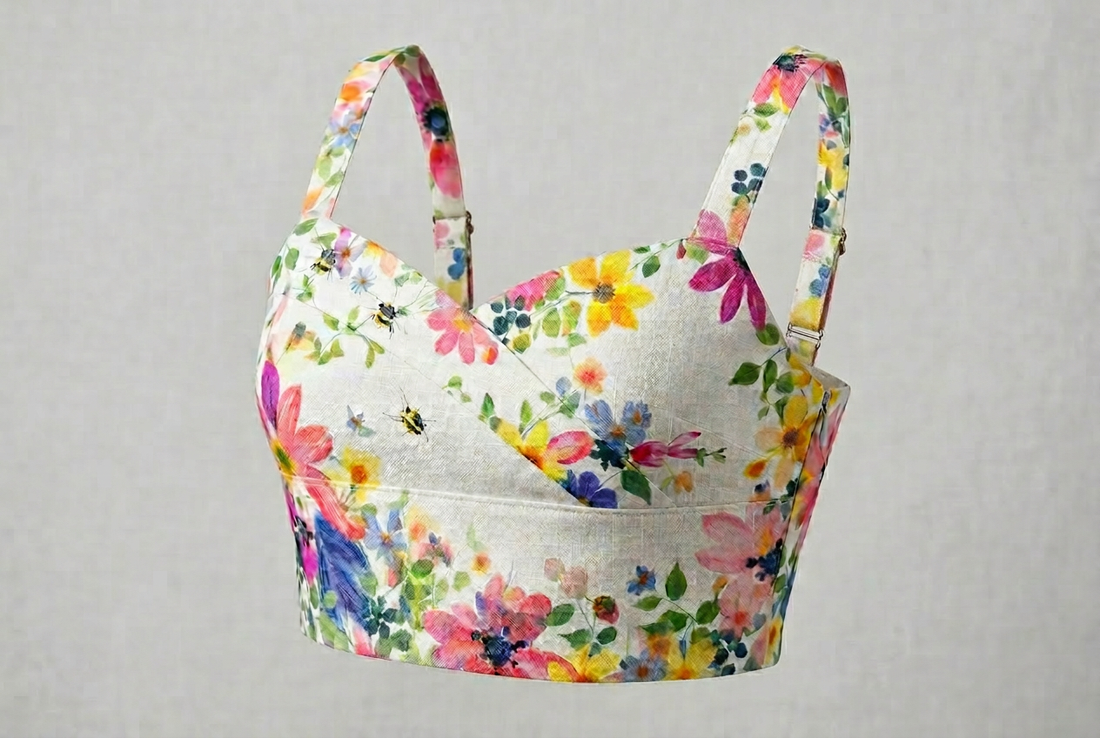 Floral-patterned Ivory Crop Top on a gray background