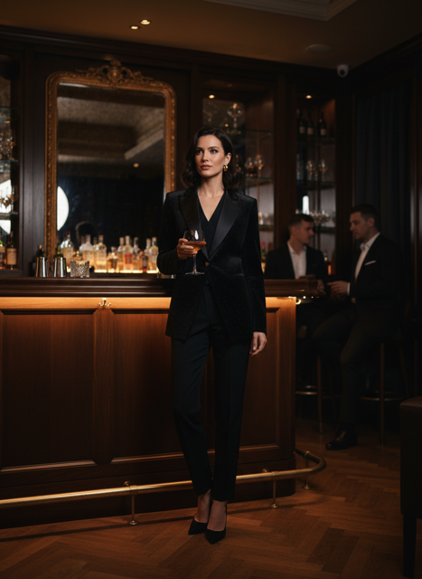 Woman in a black suit holding a glass in a dimly lit bar setting